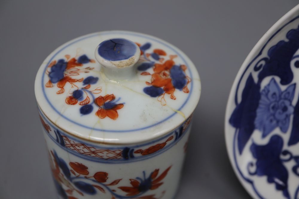 A Japanese blue and white dish, diameter 15cm, and a Chinese Imari jar box and cover